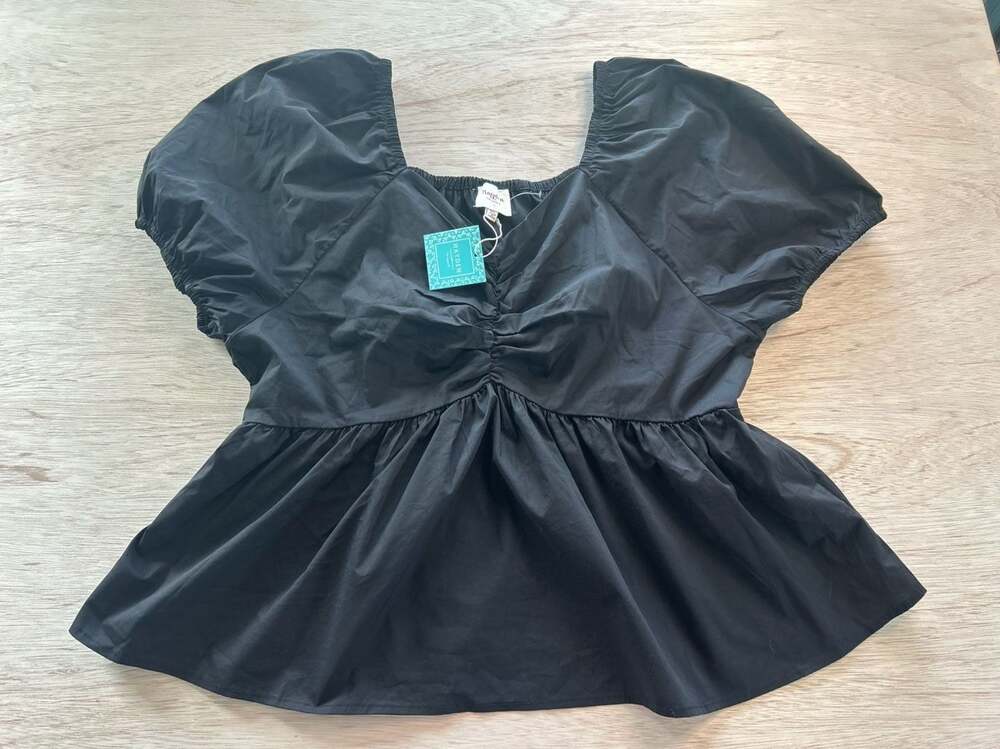 Hayden Los Angeles Black Puff Sleeve Ruched Square Neck Peplum Babydoll Top 2XL